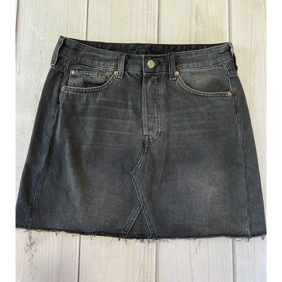 & Denim Dresses & Skirts - H&M &Denim Skirt Womens 8 Black Denim Skirt Distressed Raw Hem Fades Button Fly